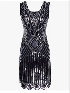 Black & Silver Sequin Flapper Dress - Elegant Evening Cocktail Dress